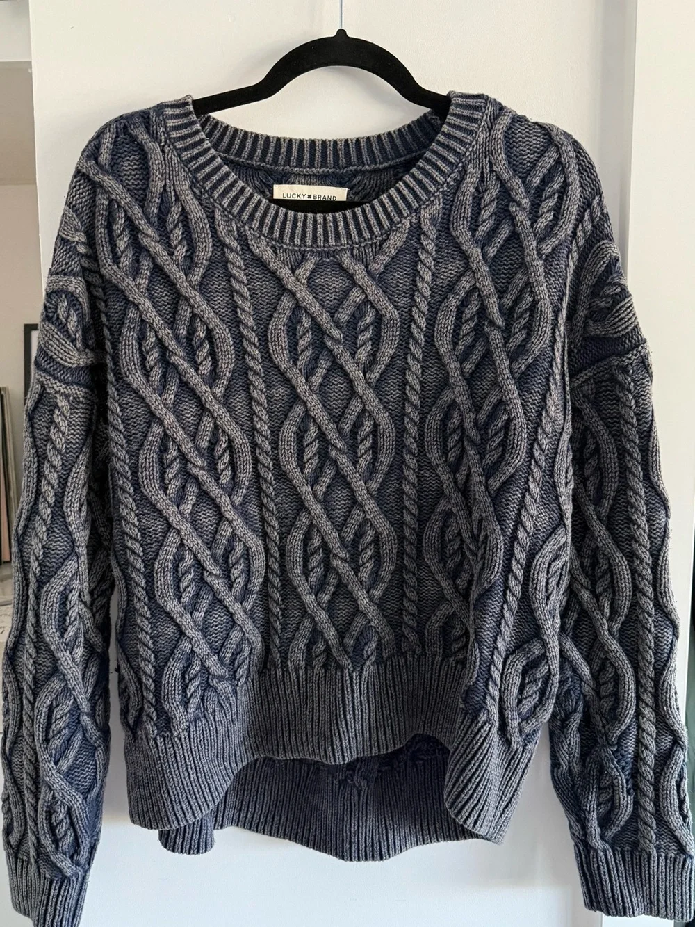 Lucky Brand Two-Tone Navy Cable Knit Crewneck Sweater
